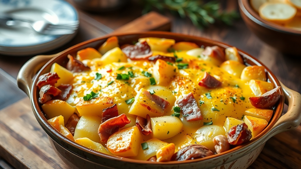 Delicious Ham and Potato Gratin Recipe A serving of ham and potato gratin with a golden crust, placed on a rustic wooden table.